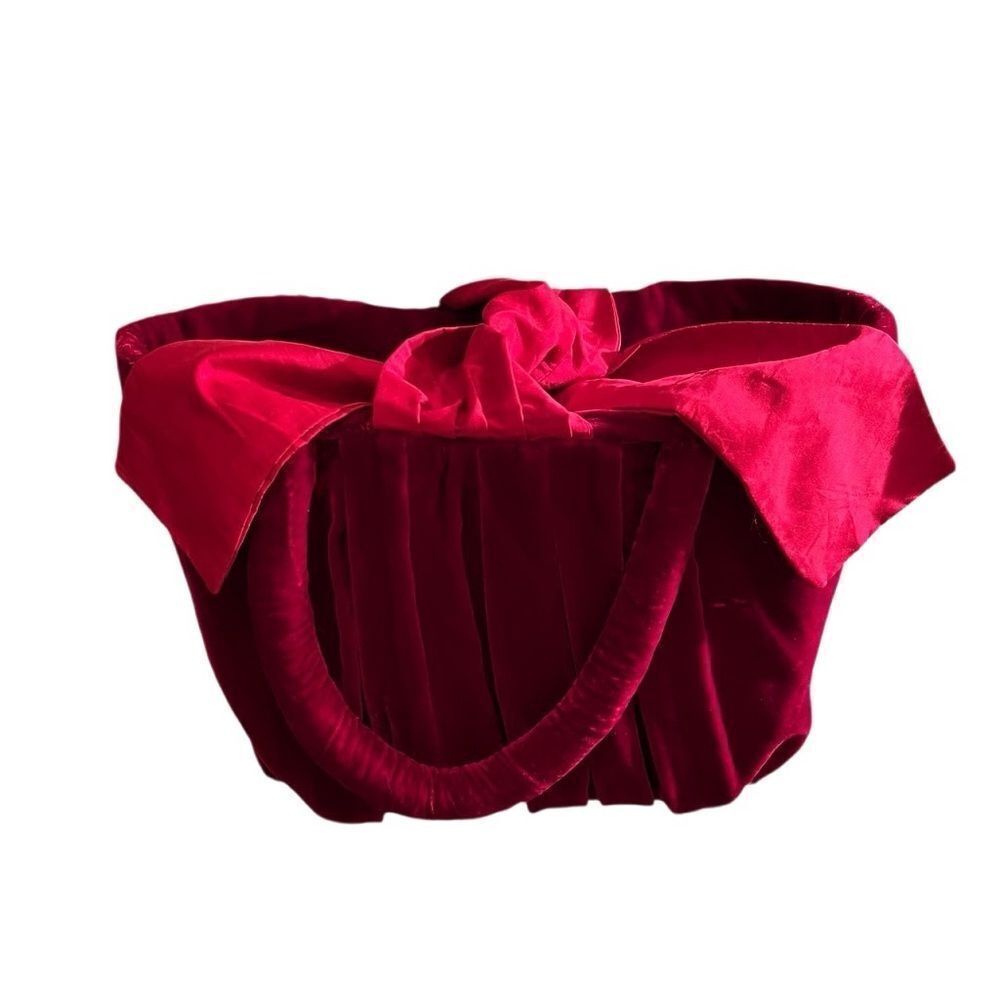 Red Velvet Satin Vintage Handbag Tote Pleated Ruched Structured Cottagecore Bow